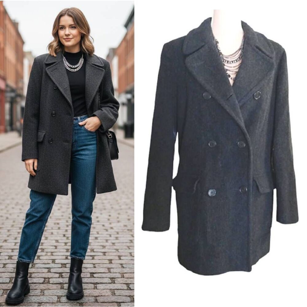VTG 90s New York‎ & Co Wool Dark Grey Blend Double Breasted Pea Coat SZ 8